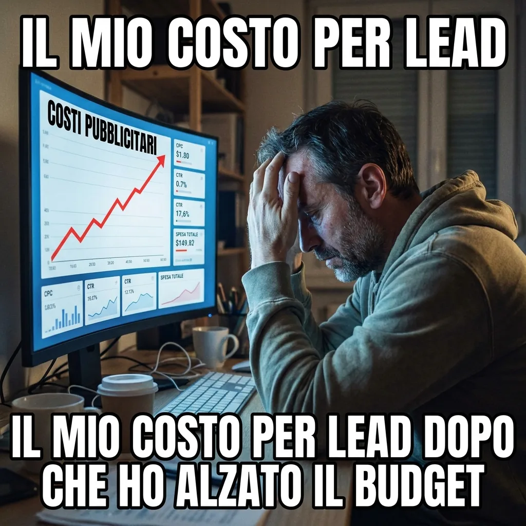 Meme: un uomo si tiene la testa davanti a un monitor con un grafico dei costi in salita
