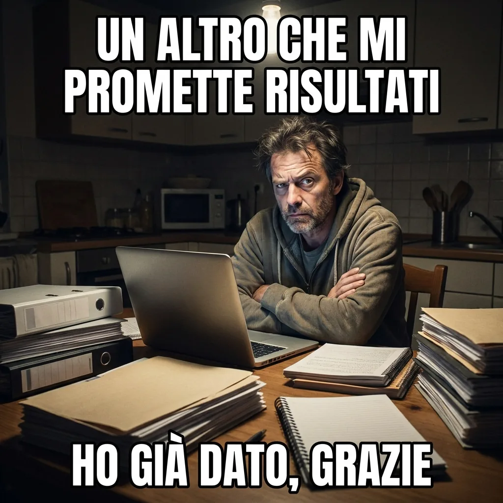 Meme: un uomo scettico a un tavolo pieno di raccoglitori di corsi, con la scritta un altro che mi promette risultati, ho già dato grazie