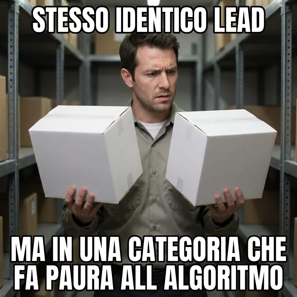 Meme: un uomo confuso regge due scatole identiche, con la scritta stesso identico lead ma in una categoria che fa paura all'algoritmo